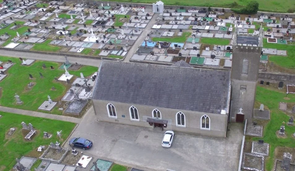 Aerial view of St. Mary's Church and cemetery, Inniskeen