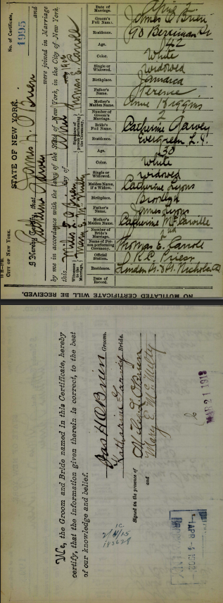 1902 Marriage James H O'Brien