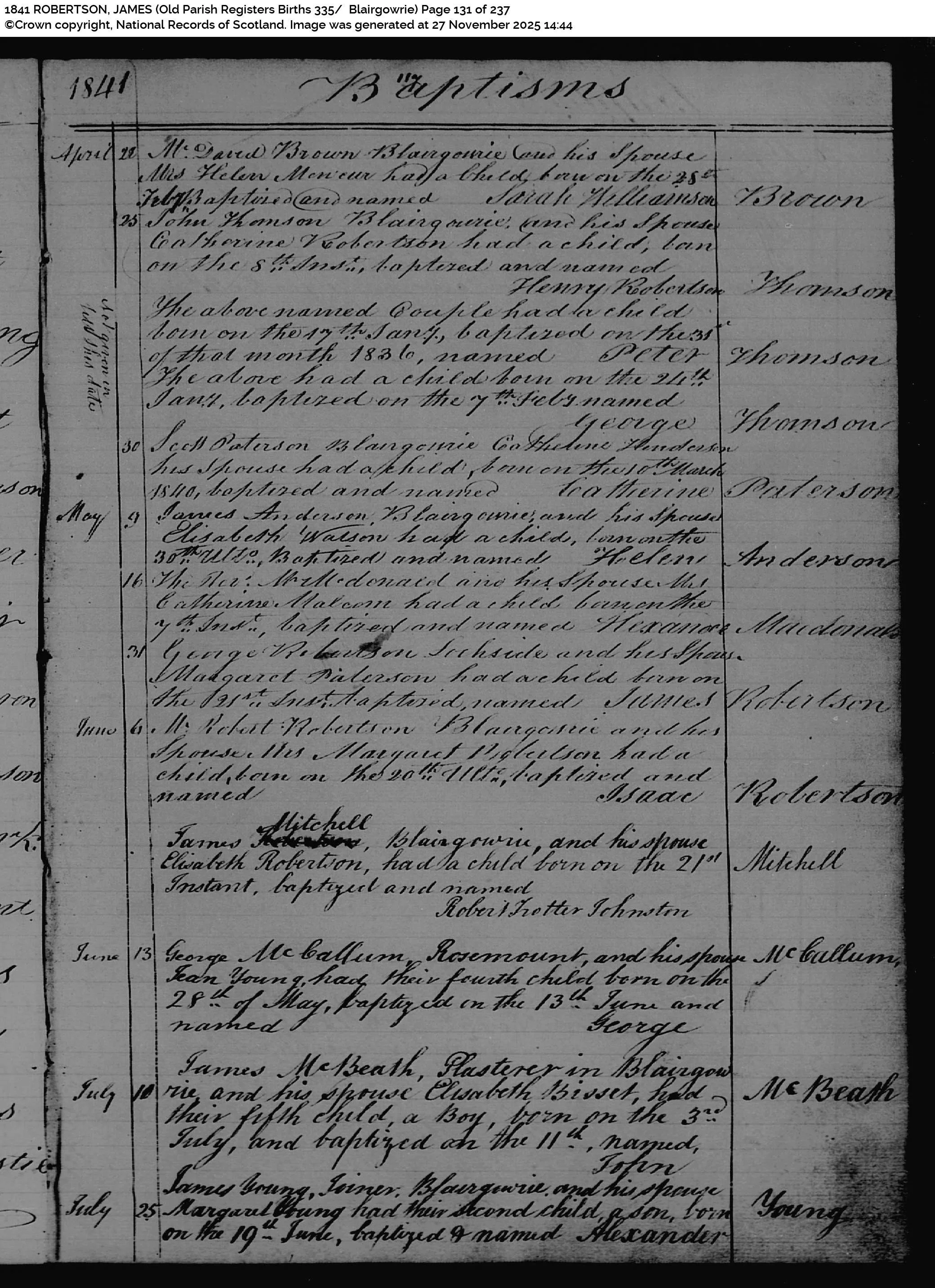 1841 OPR baptism of James Robertson, son of George Robertson and Margaret Paterson, Blairgowrie