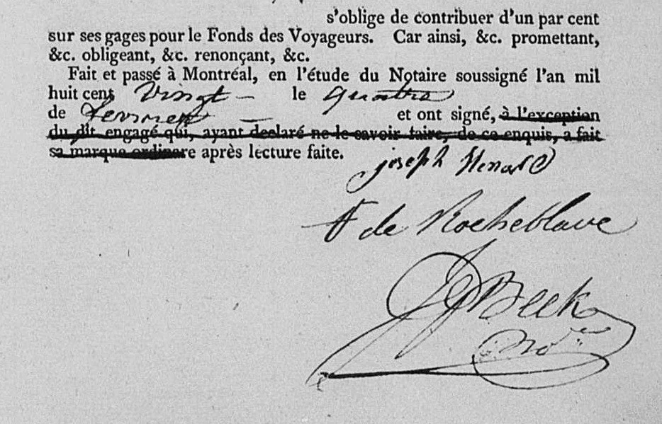 Closing of the Beek engagement of 4 February 1820: the printed clause for an engagé who cannot write is struck through, and Joseph Menard signs his name
