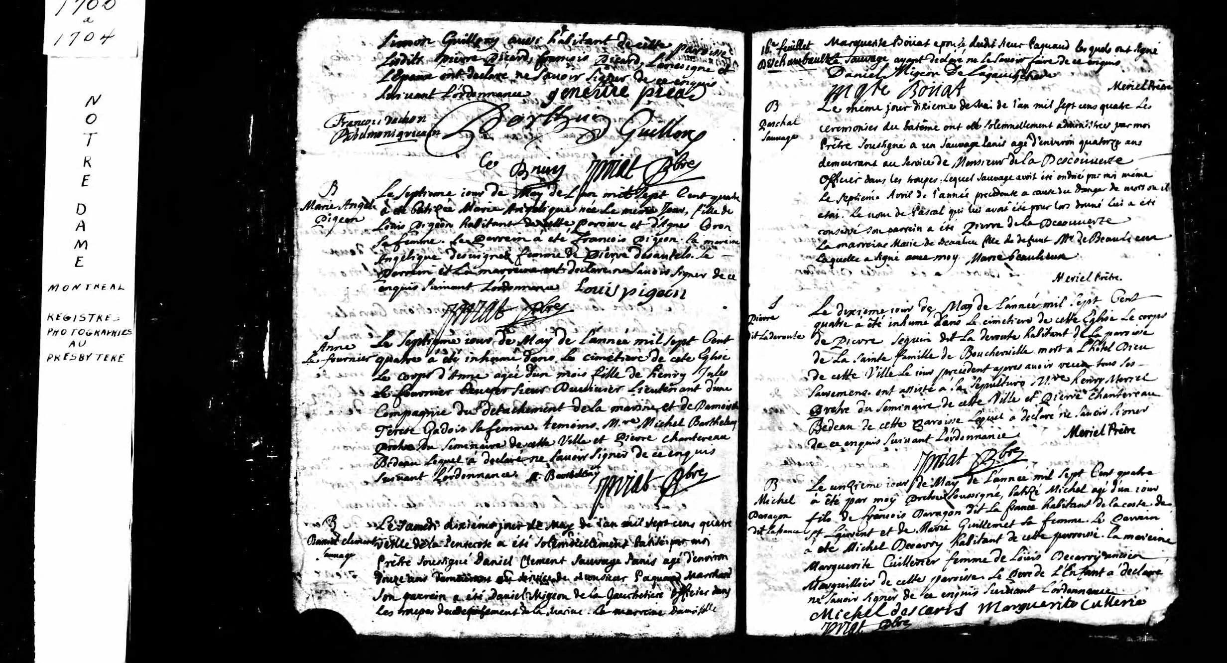 1704 Burial record page from Notre-Dame-de-Montreal showing Pierre Seguin dit La Deroute