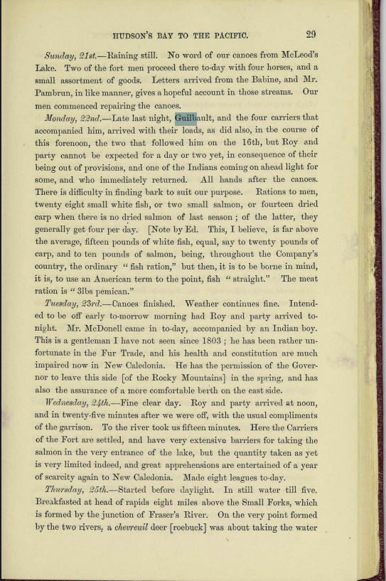 Page 29 of Peace River — journal entry for September 22, 1828, recording Guilbault's arrival with all loads delivered