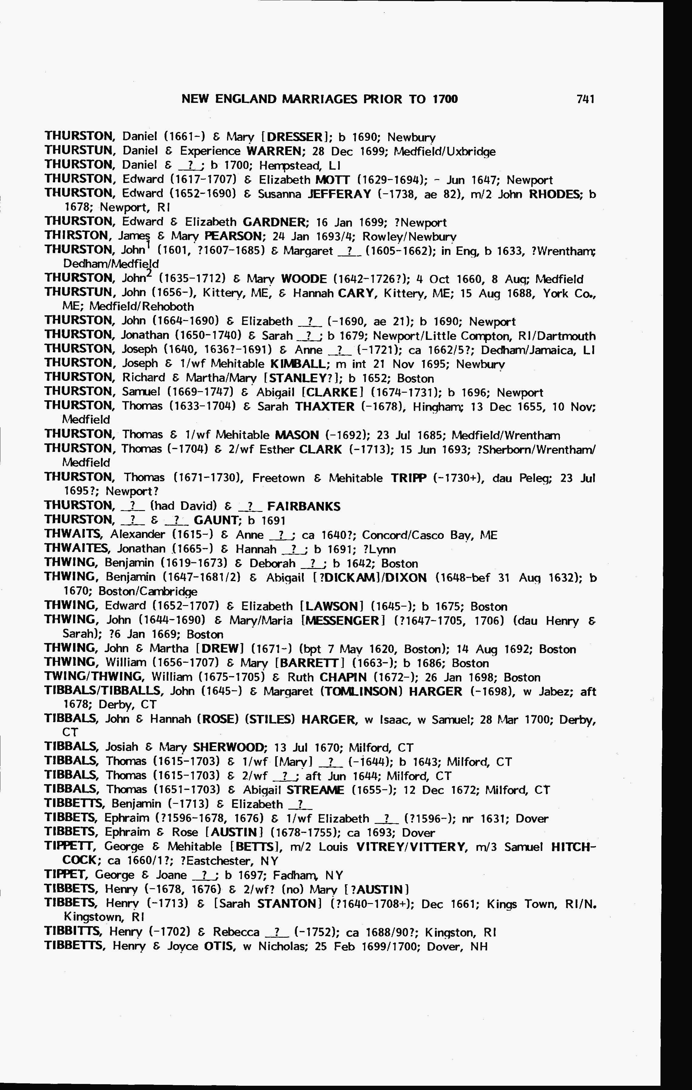 Torrey New England Marriages entry for John Thurston and Hannah Cary, 15 August 1688