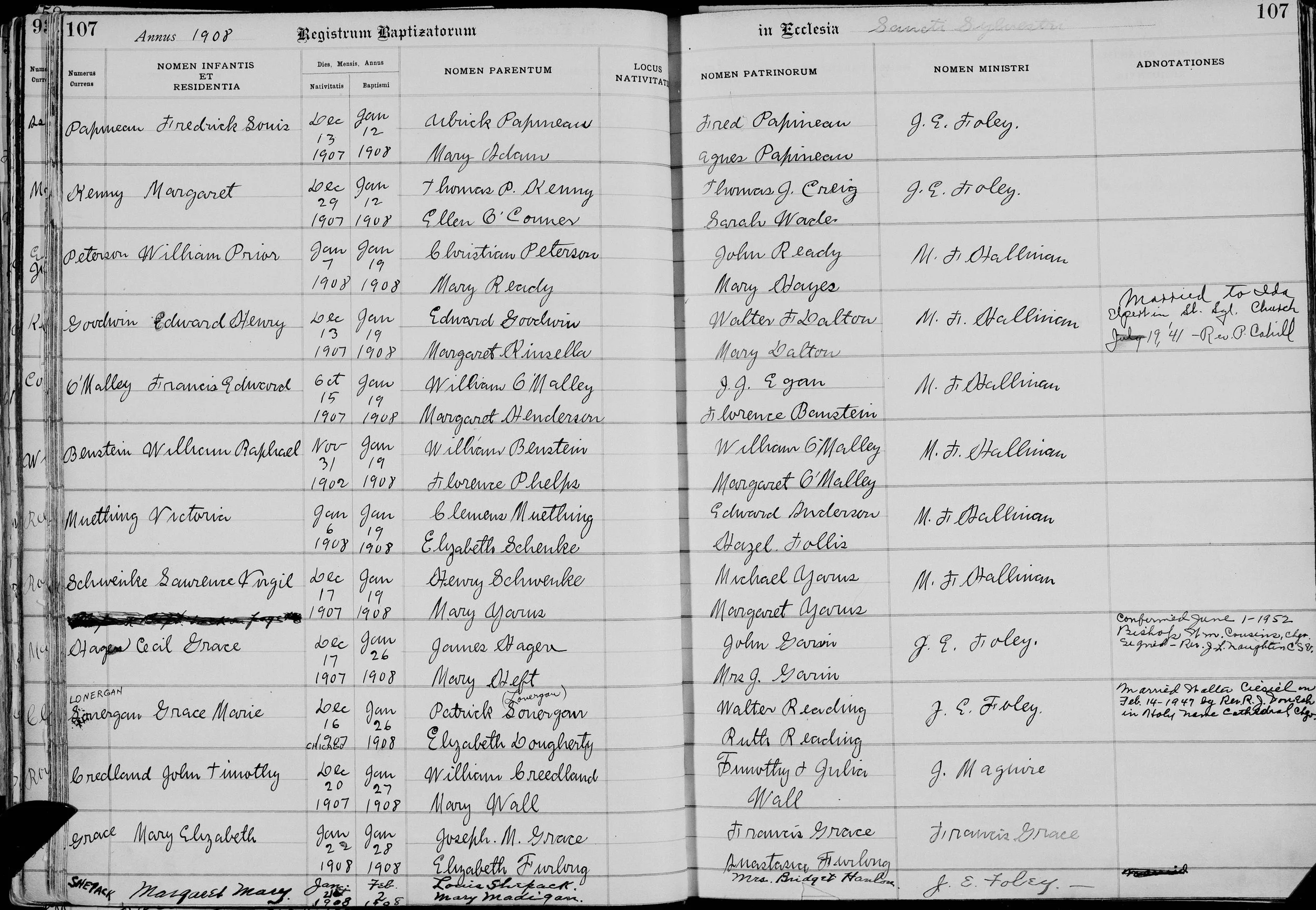 The 1908 baptismal register of St. Sylvester's Church, Chicago, open at page 107