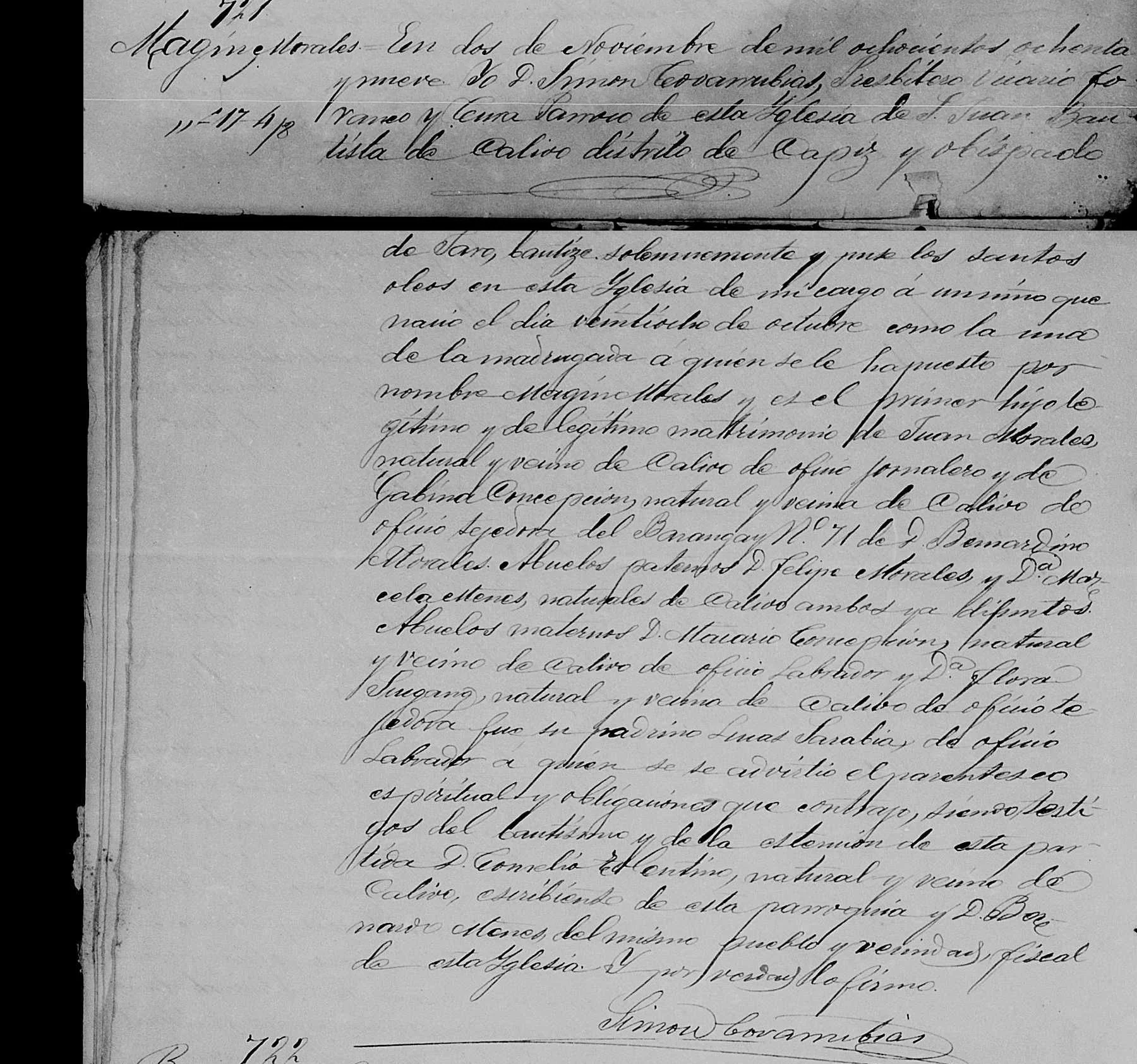 Christening record of Magin Morales, son of Juan Apdon Morales