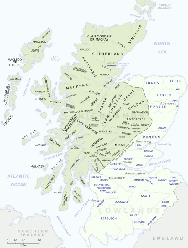 Map of Scottish Clan Territories showing Clan Robertson in central Scotland