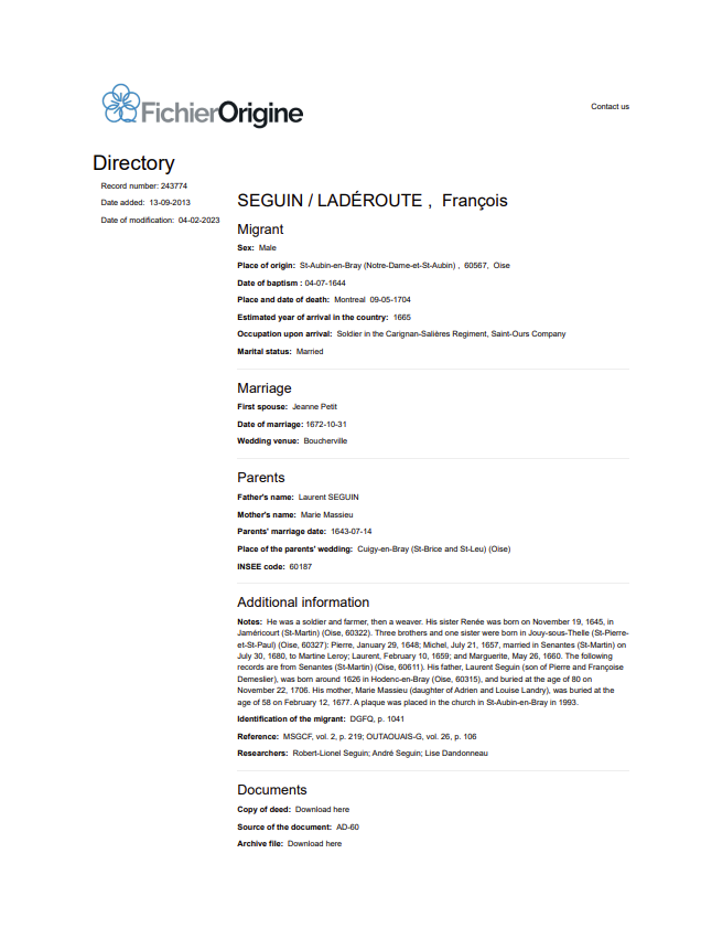 Fichier Origine record for Francois Seguin dit Laderoute
