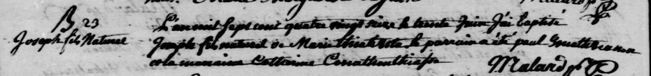 Detail of 1796 original register showing baptism of Joseph fils naturel