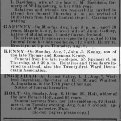 Death notice of John J. Kenny, Brooklyn Citizen, 9 August 1893