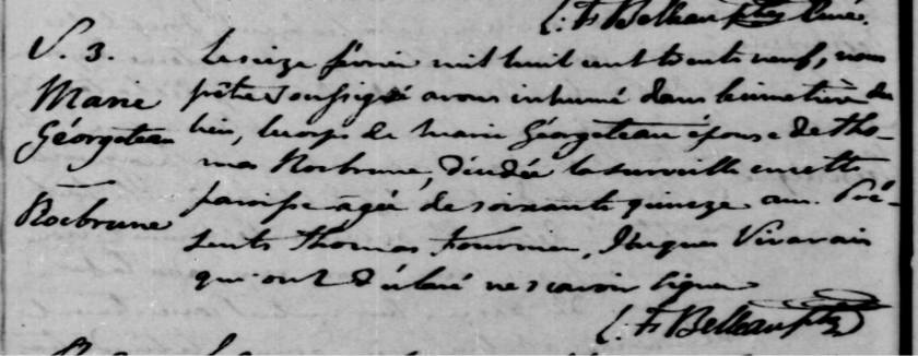 Burial register entry, Saint-André-d'Argenteuil, 16 February 1839 — Marie Georgeteau, wife of Thomas Rocbrune, aged seventy-five