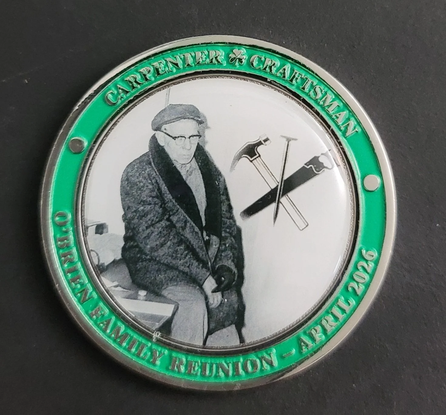 O'Brien Challenge Coin reverse — Miles Murtha O'Brien Sr., carpenter craftsman
