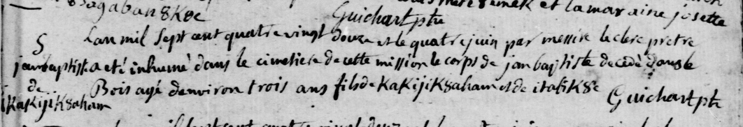 Detail: 1792 burial record Jean Baptiste Kakijik — décédé dans le bois