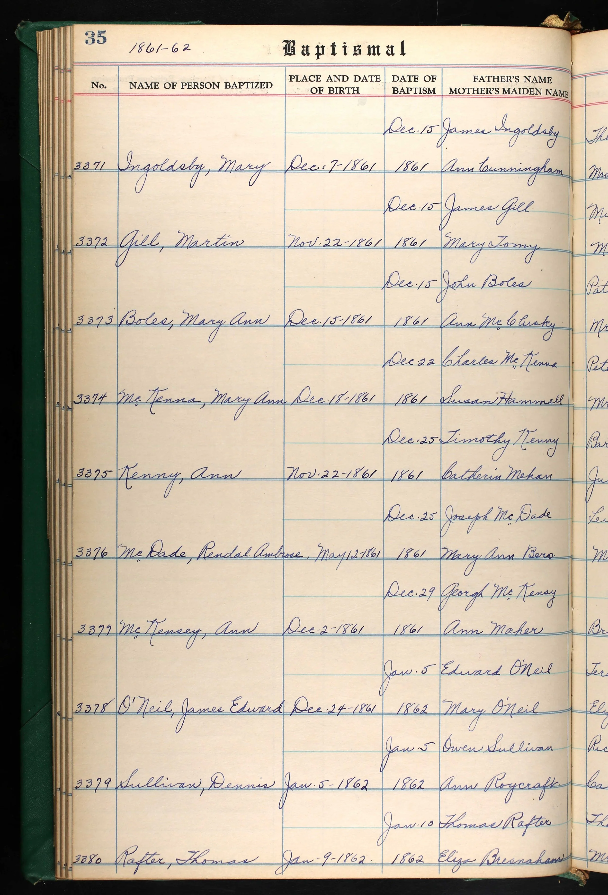 1861 Baptism Register Entry
