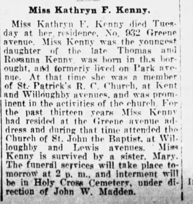 Obituary of Miss Kathryn F. Kenny, Brooklyn Citizen, 8 November 1917