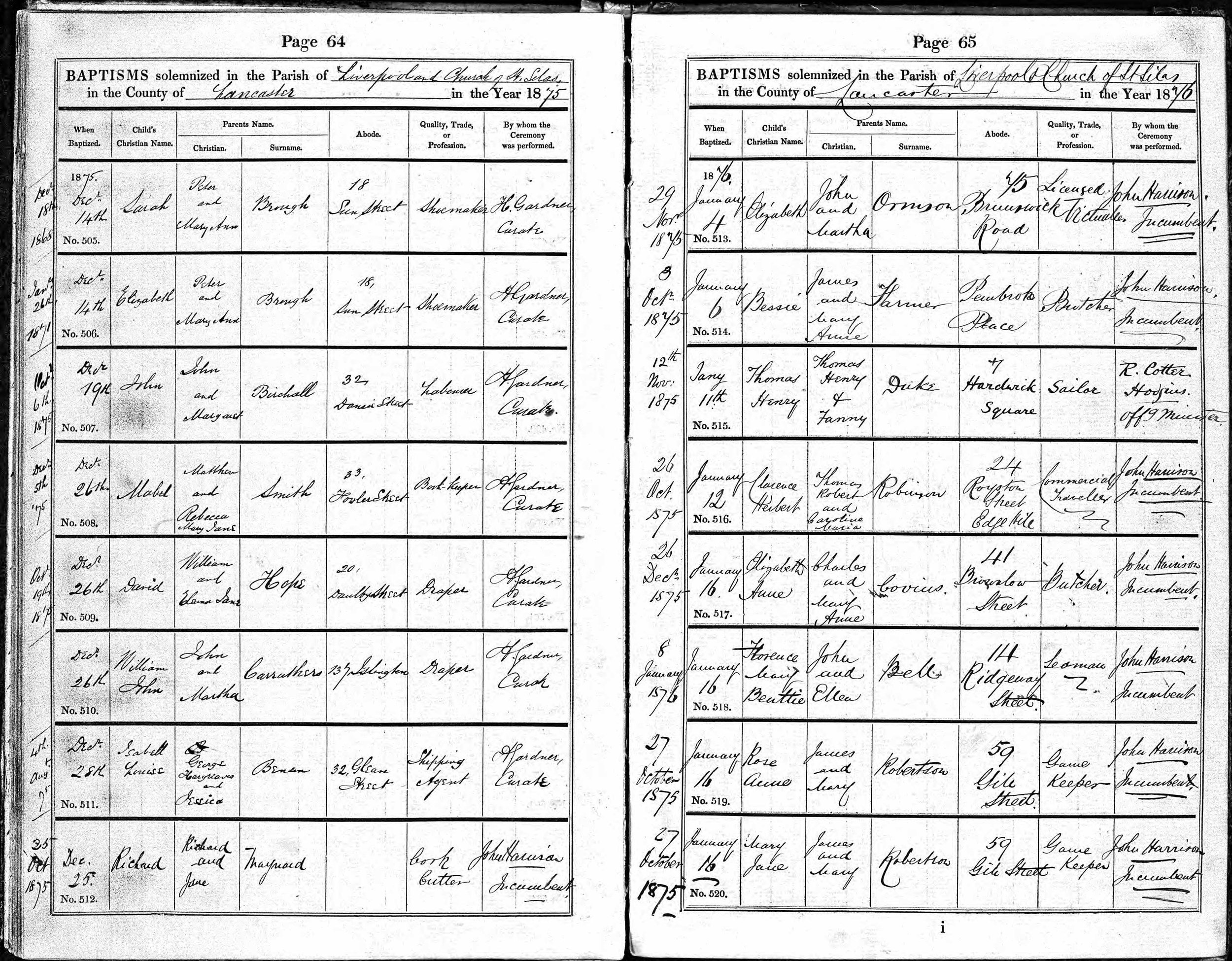 1875 baptisms of twins Rose Anne and Mary Jane Robertson, St Silas Liverpool