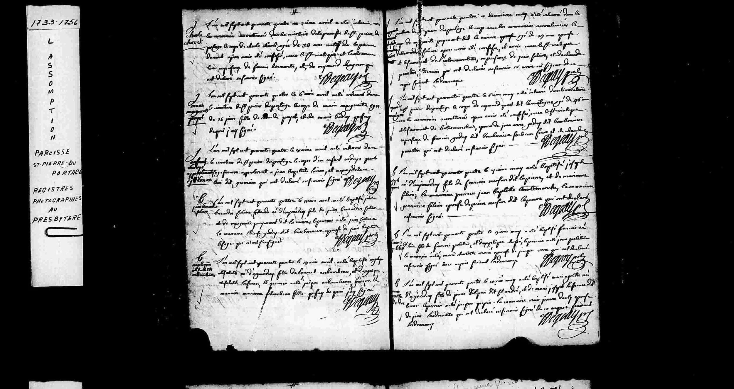Register page, April–May 1744, Saint-Pierre-du-Portage