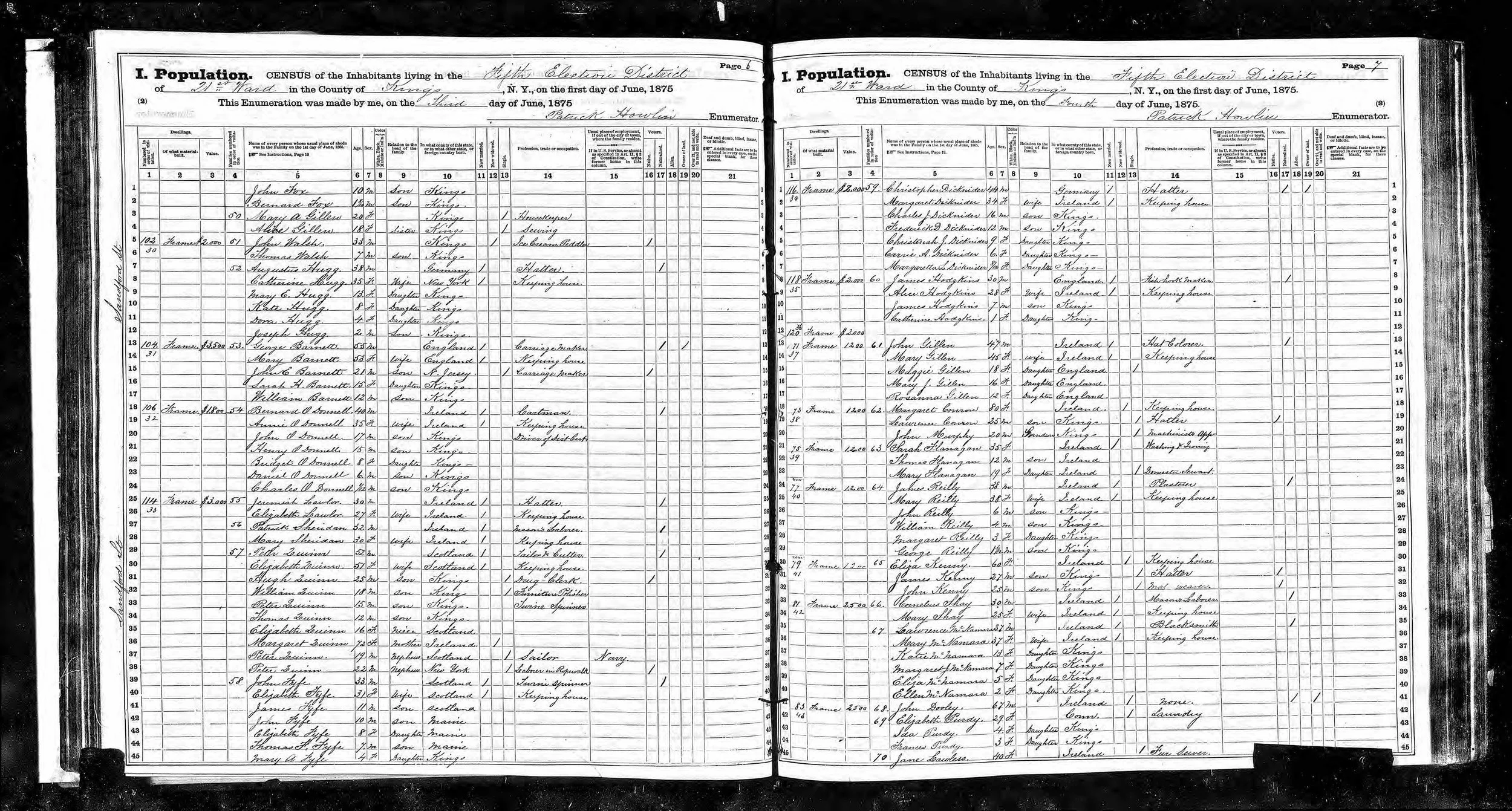 1875 New York State Census 21st Ward Brooklyn Fifth Election District Eliza Kenny 60 Ireland James Kenny hatter John Kenny mat weaver