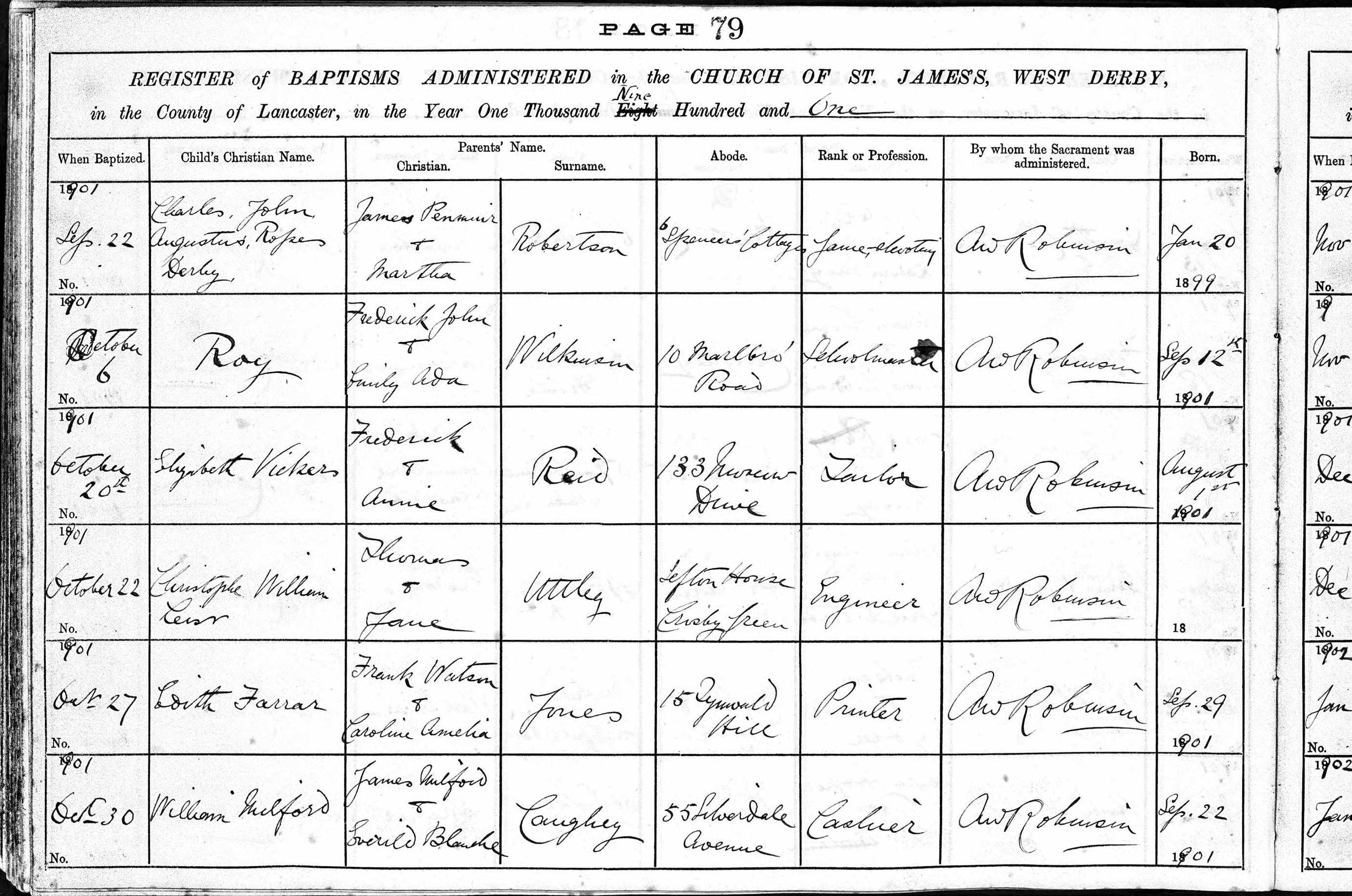 1901 baptism of Charles John Augustus Roper Derby Robertson, born 1899, parents James and Martha