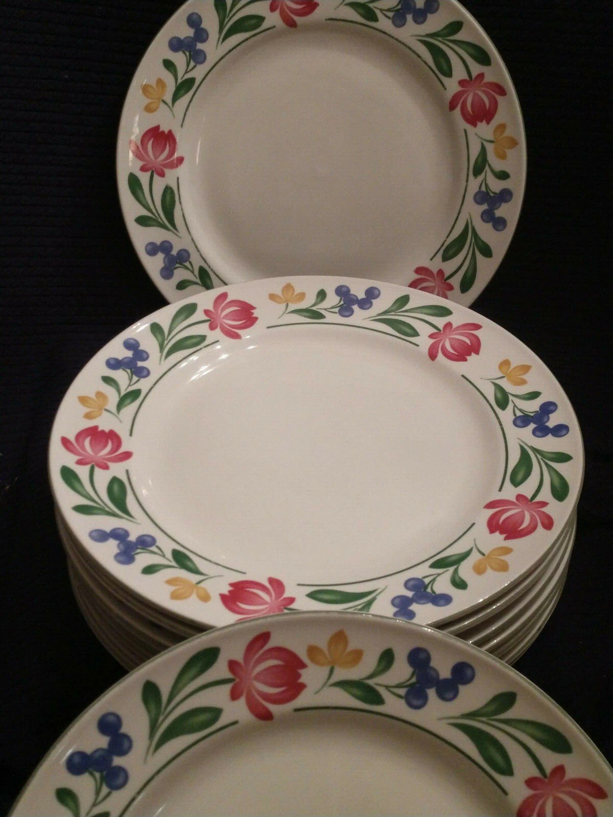 Stacks of Farberware Dorchester dinner plates with floral border