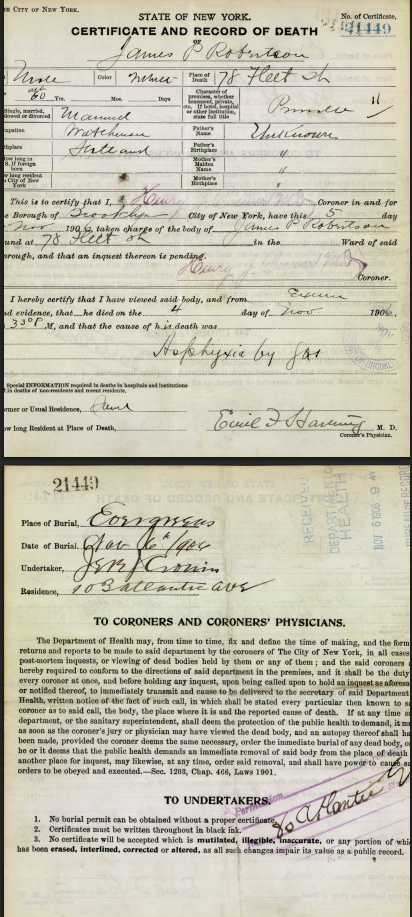 1906 Brooklyn death certificate of James P. Robertson, watchman, father's name blank