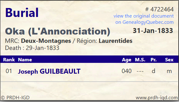 PRDH database record for burial of Joseph Guilbeault at Oka January 31 1833 age 40 death January 29