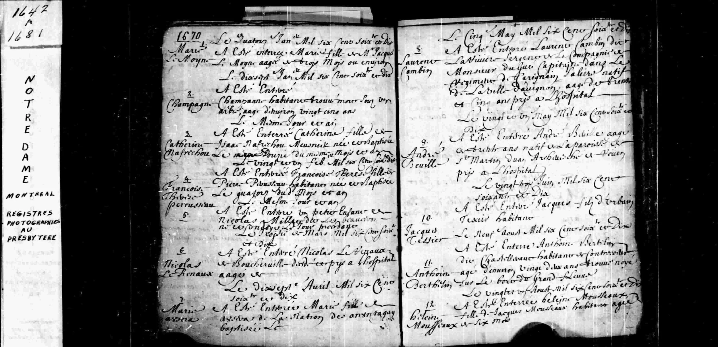 Parish register burial entry for Laurent Cambin at Notre-Dame de Montréal, 1670