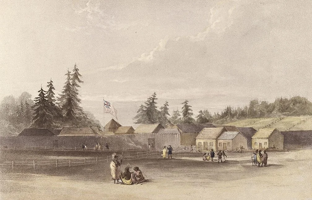 Sketch of Fort Vancouver showing the palisaded fort with HBC flag, workers and Indigenous people in the foreground, and forested hills beyond