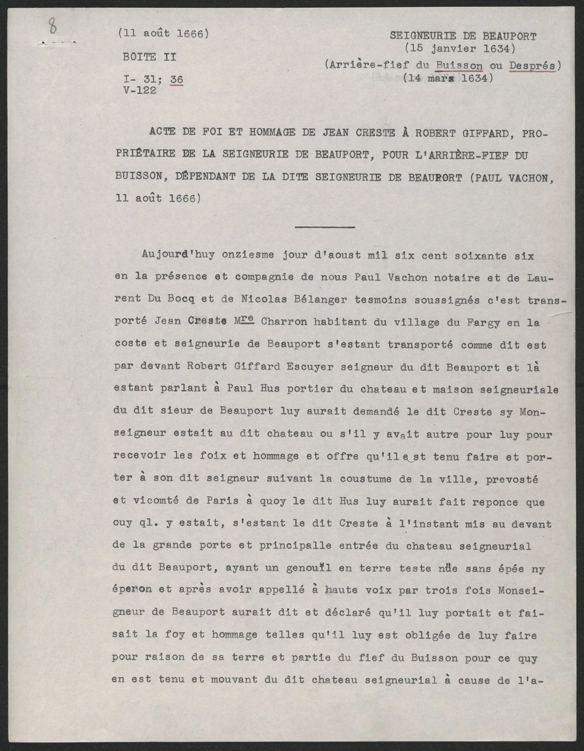 1666 Act of Faith and Homage of Jean Crête to Robert Giffard, page 1 — typed copy of the original Vachon notarial act