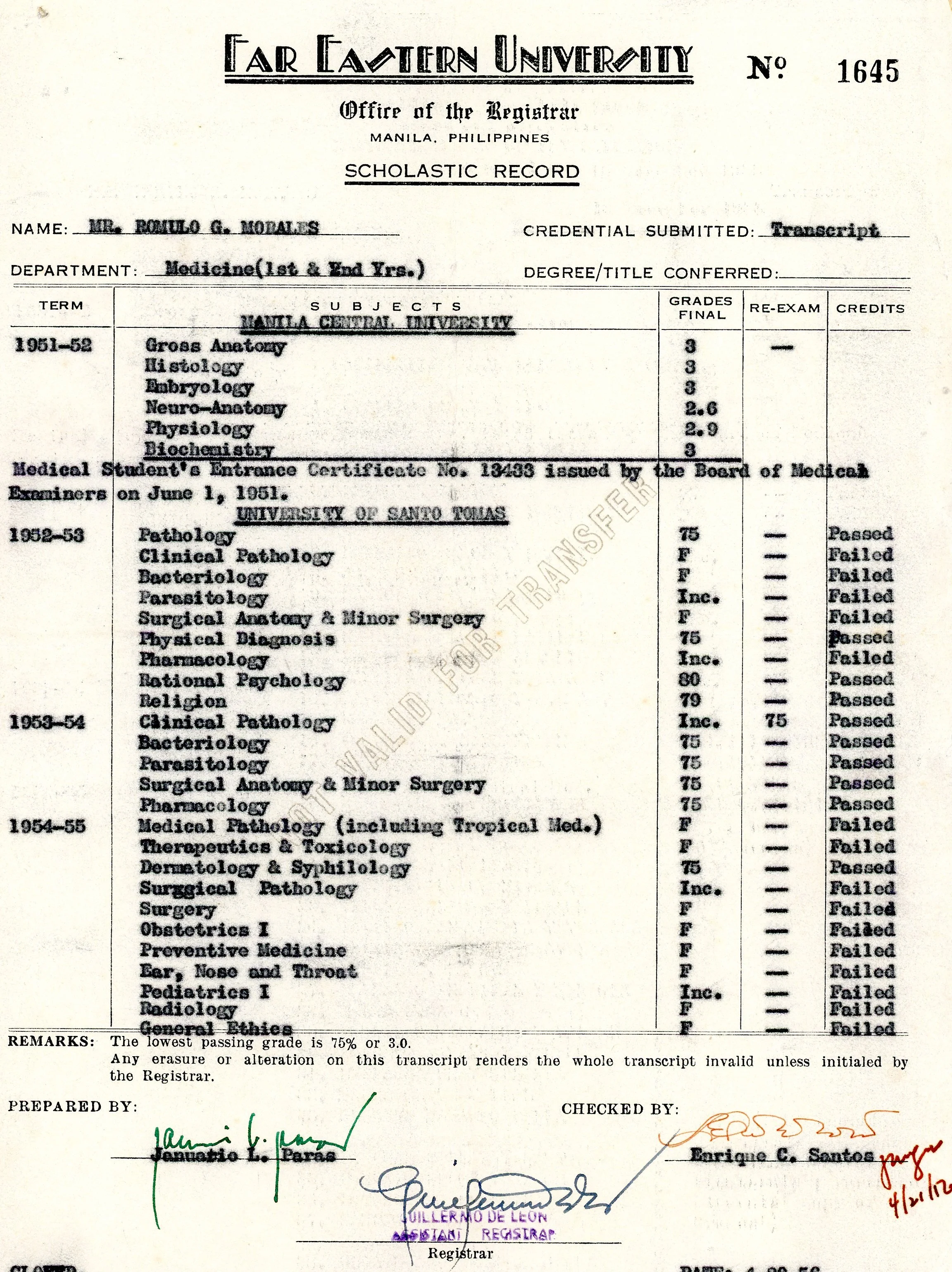 Far Eastern University scholastic record, Romulo Morales, 1951-1955