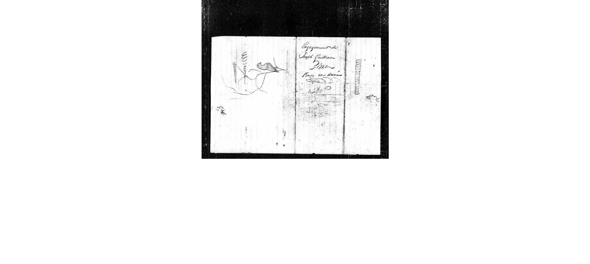 Verso of A.32/31 folio 323 contract envelope showing Engagement de Joseph Guilbeau 1820 pour an année with bird and sketch drawings