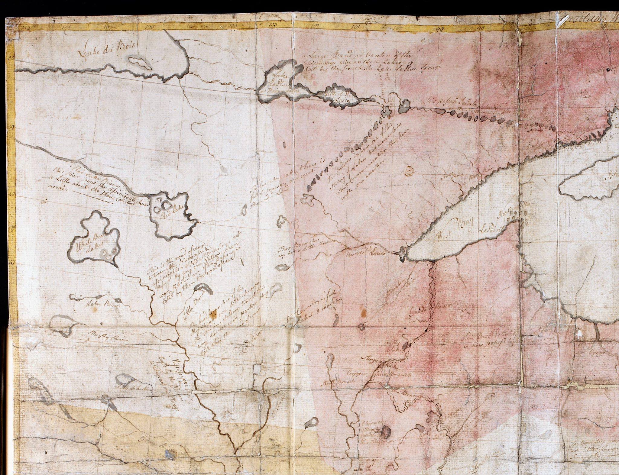 Jonathan Carver manuscript map, c. 1766–1767, showing the interior waterways from Lake Superior to the Lake of the Woods and beyond, with the distinctive portage chain visible in the upper right