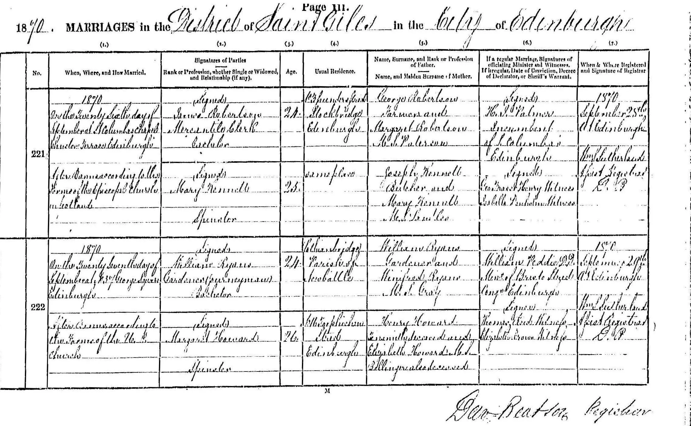 1870 statutory marriage register, James Robertson and Mary Kennett, naming parents George Robertson and Margaret Paterson
