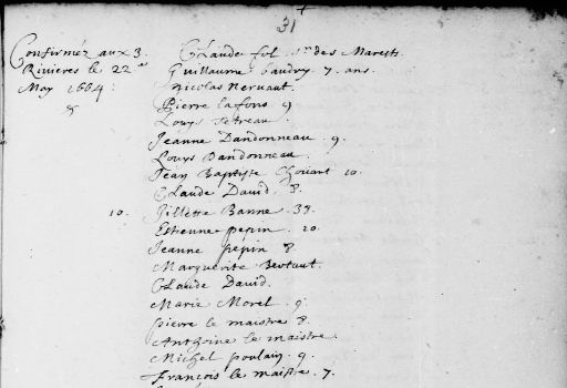 Detail of the Trois-Rivières confirmation register, 22 May 1664, recording Gillette Banne at age 38 — the basis for the c. 1626 birth year