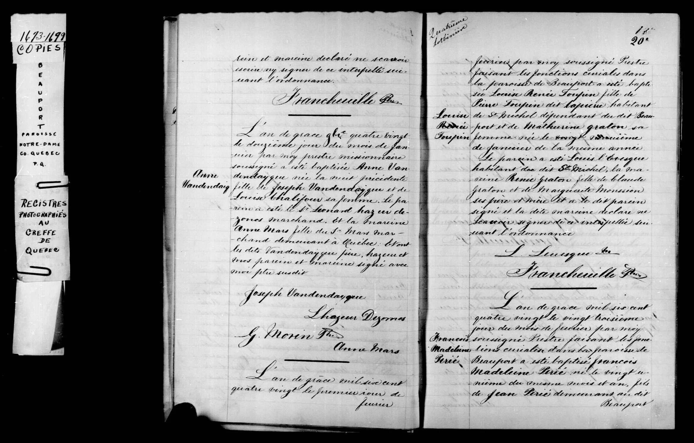 Beauport register, baptism of Francois Madeleine Perrier, 1680
