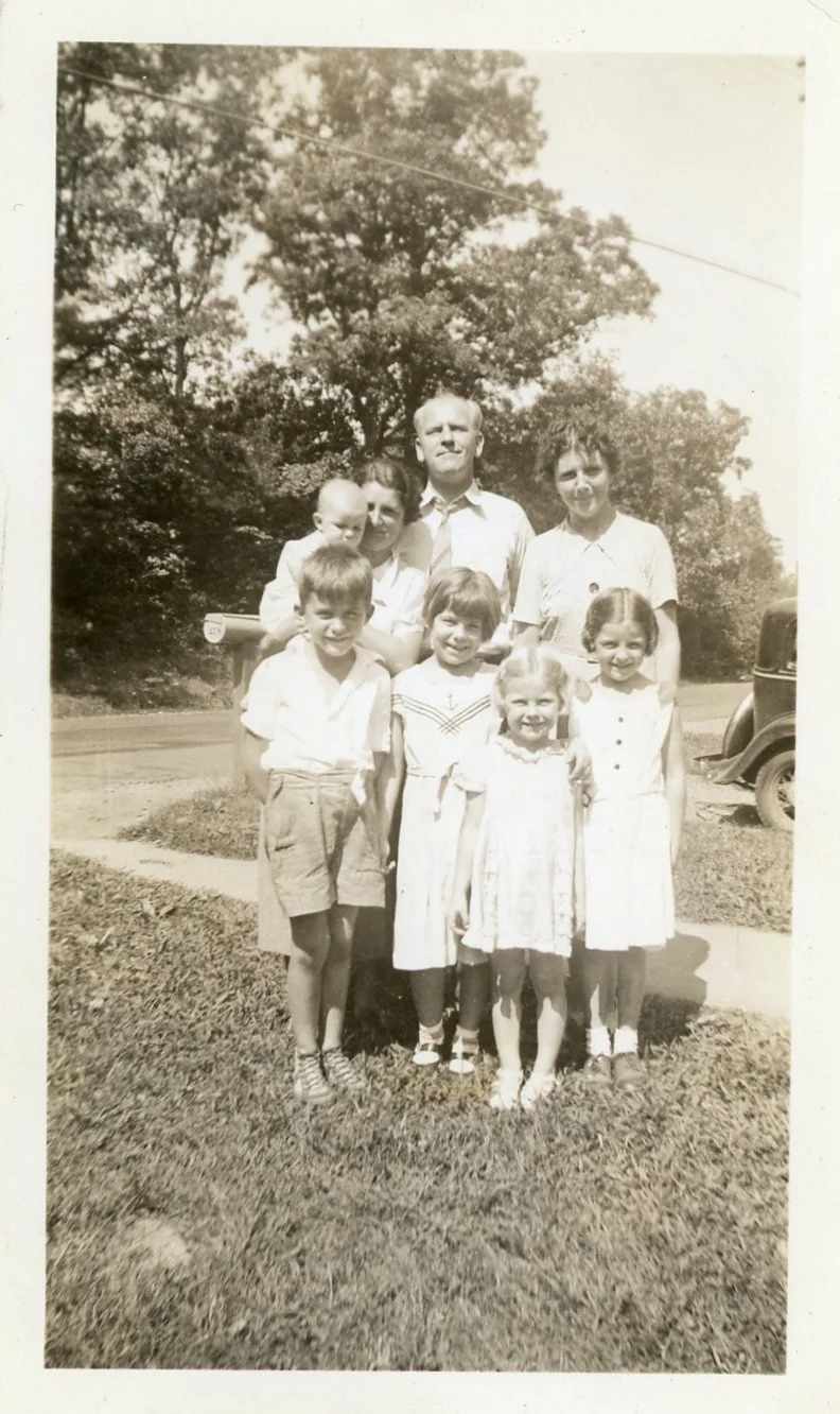 September 8 1936 family photograph back row Lillian Josephine Robertson O'Brien holding infant Barbara O'Brien Leslie Verhoek Sr Helen Gladys Robertson Verhoek front row Leslie Verhoek Jr Lillian Marie O'Brien Mary Verhoek Jeanne O'Brien two sisters husbands and children