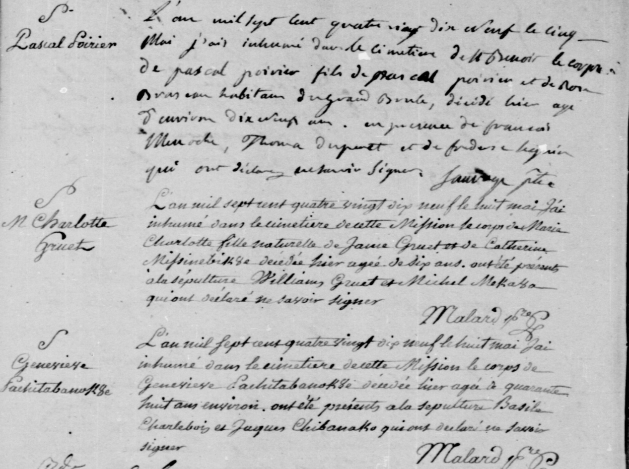 Original 1799 Oka mission register showing the burial of Marie Charlotte Gruet, daughter of James Gruet and Catherine Missinebi8e — the same woman who would appear two years later at the Guilbault burial under a different priest's spelling
