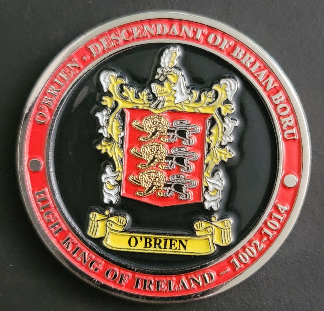 O'Brien Challenge Coin obverse — family crest with three lions