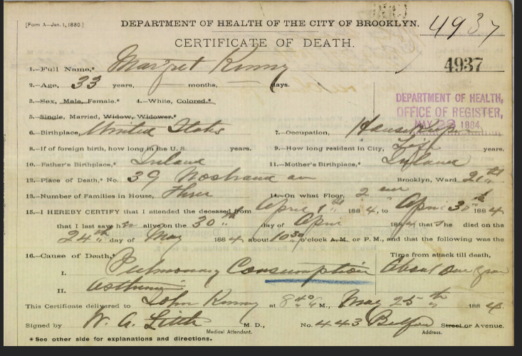 1884 Death Margaret McKenny