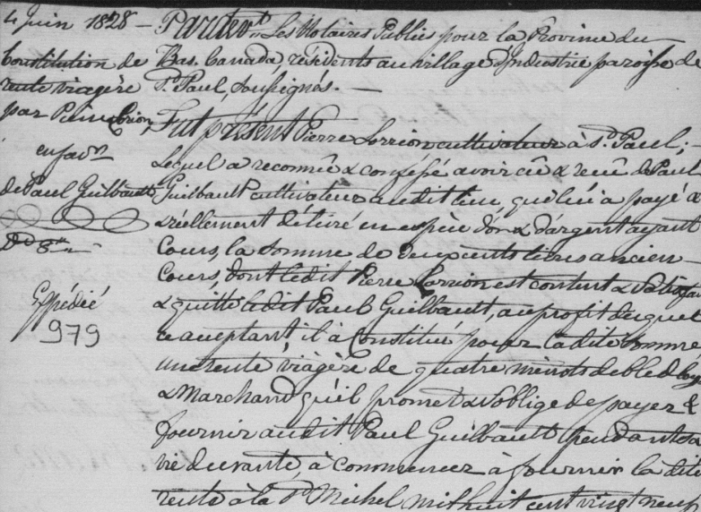 1828 notarial act: Pierre Lorion constitutes a life annuity of 4 minots of wheat per year for Paul Guilbault père in exchange for 200 livres — one of two secured grain annuities funded by Paul's NWC wages and received after his return from the Athabasca.