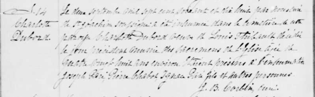 Burial of Charlotte Dubord, widow of Louis Thibault, St-Joachim, 2 September 1778
