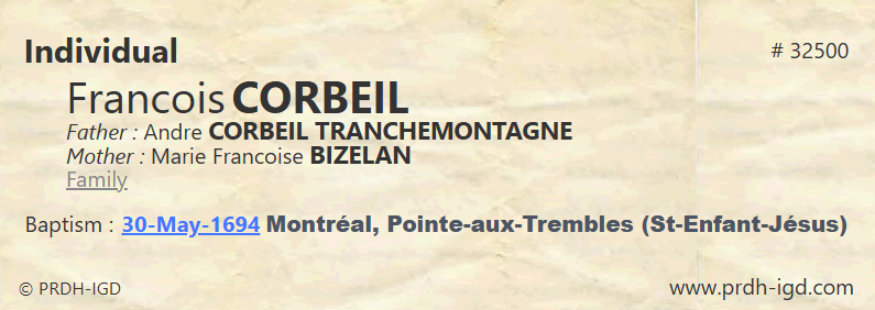 PRDH Individual record for François Corbeil showing only baptism, no further events