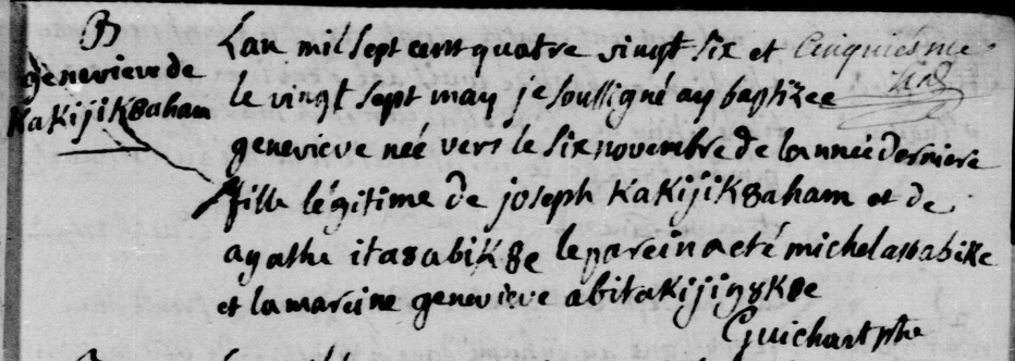 Original register detail, August 28, 1805, marriage of Jacques E8anassiketch and Marie Angélique Abitakijikokke — showing Geneviève Nizik8e named as mère de l'épouse and the presence of Jacques Amikwabe as père adoptif de l'époux