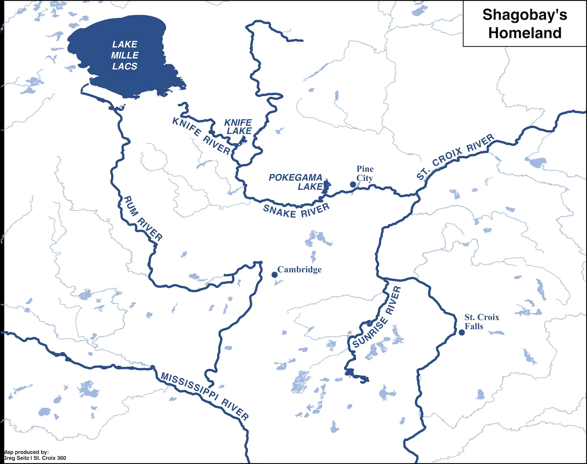 Map of Shagobay's homeland: Lake Mille Lacs, Knife River, Snake River, and the St. Croix watershed in east-central Minnesota