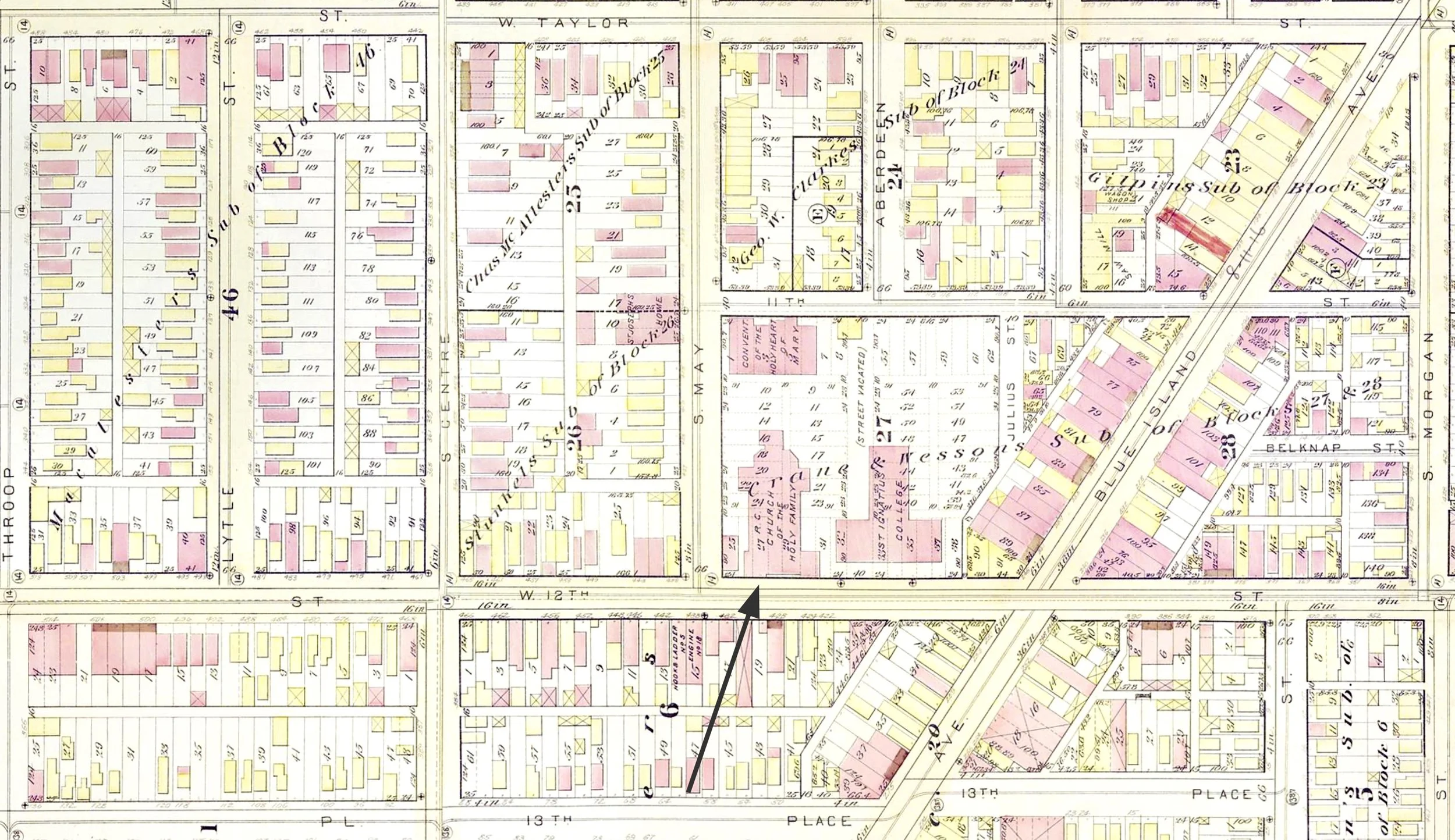 Sanborn Fire Insurance Map 1886 showing Church of the Holy Family