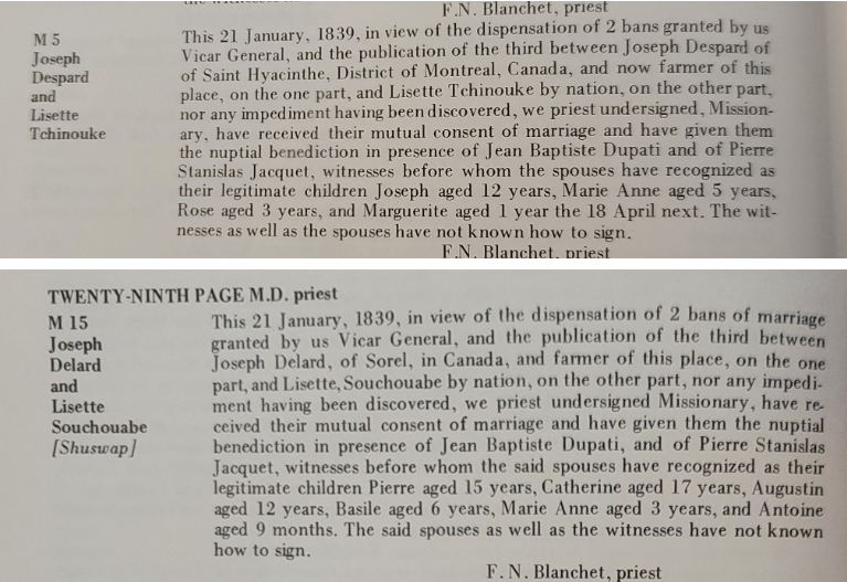 The 1839 Blanchet marriage register from the Catholic Church Records of the Pacific Northwest, where entries M5 and M15 record two separate couples the public trees later merged