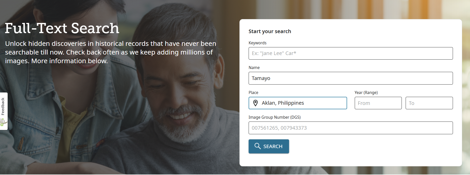 FamilySearch Full Text Search interface with a query for Tamayo in Aklan, Philippines