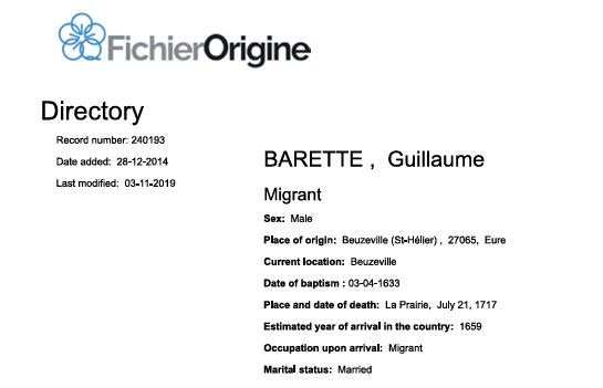 FichierOrigine record documenting Guillaume Barette's Norman origin at Beuzeville