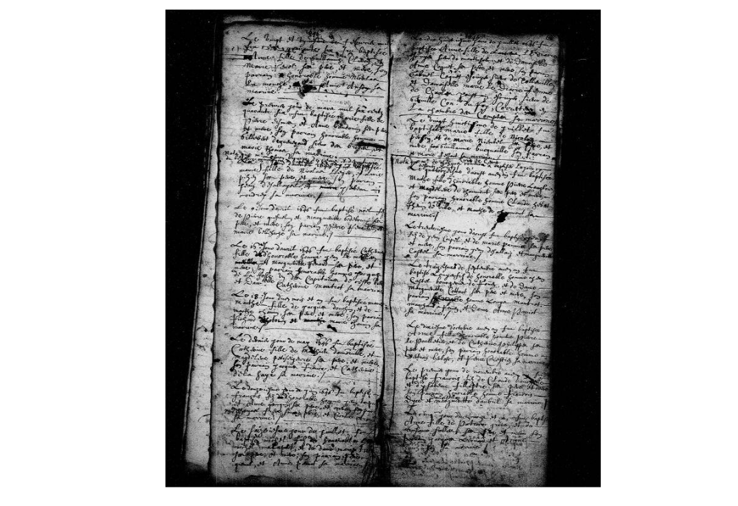 Register page containing the 1646 baptism of Catherine Lemesle