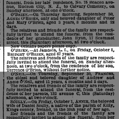 Bridget O'Brien Obituary 1869