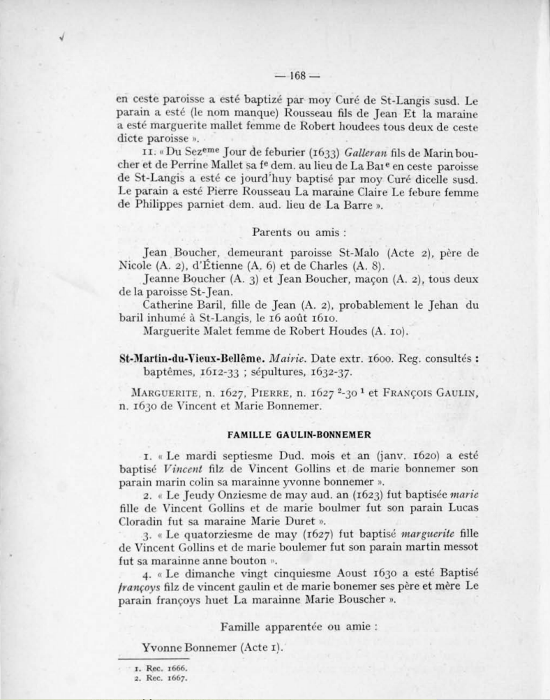 Page 168 of Godbout's Origine des familles canadiennes-françaises, showing the Gaulin-Bonnemer baptisms